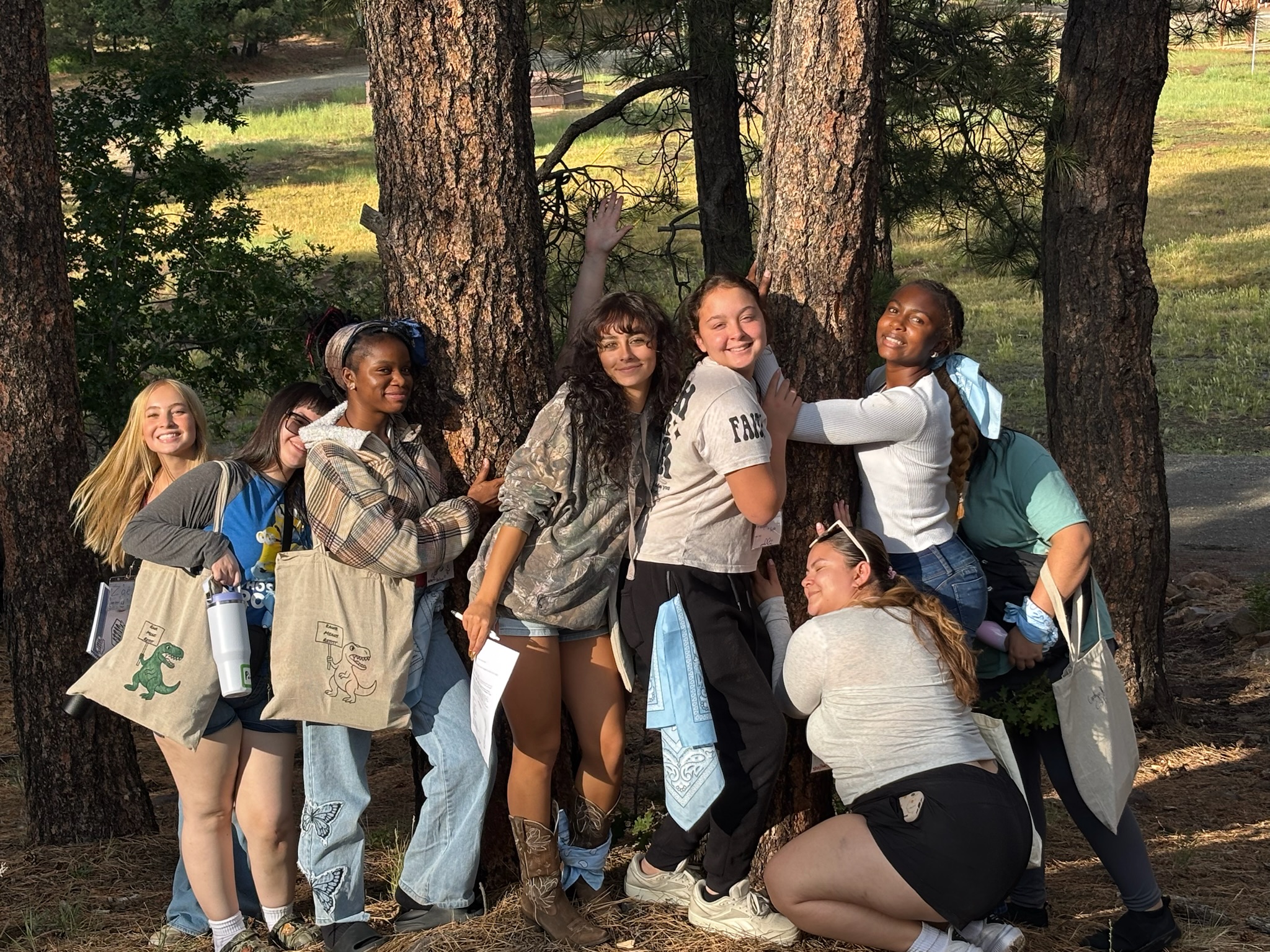 A group of Anytown delegates laughing and hugging a pine tree at camp
